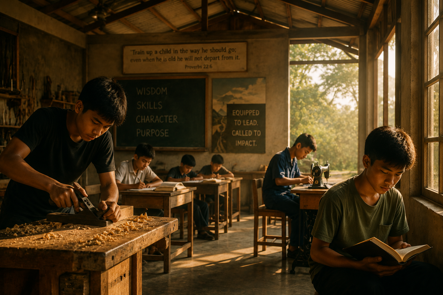 Teenage boys in a rustic workshop classroom, one woodworking and others reading or sewing near a blackboard with wisdom, skills, character, and purpose written on it