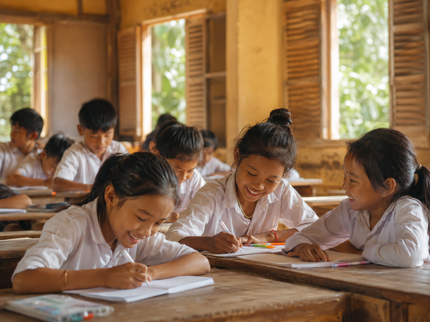 Children in white shirts writing in notebooks at wooden desks in a bright classroom