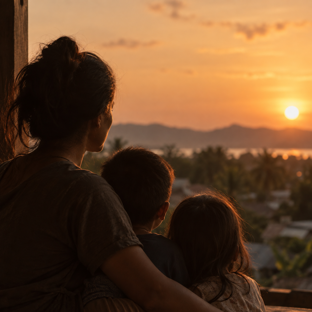 A mother holds two children as they watch the sunset over hills