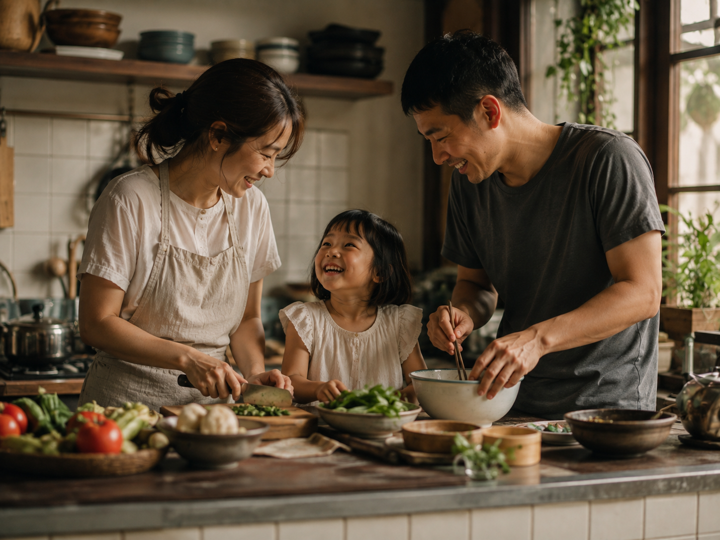 A smiling family cooking together in a warm kitchen with fresh vegetables, bowls, and cooking tools