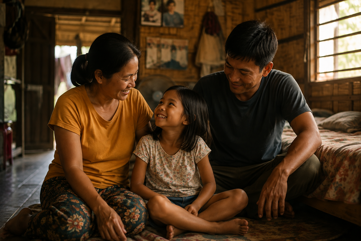A smiling foster family with a young girl sitting together inside a simple wooden home
