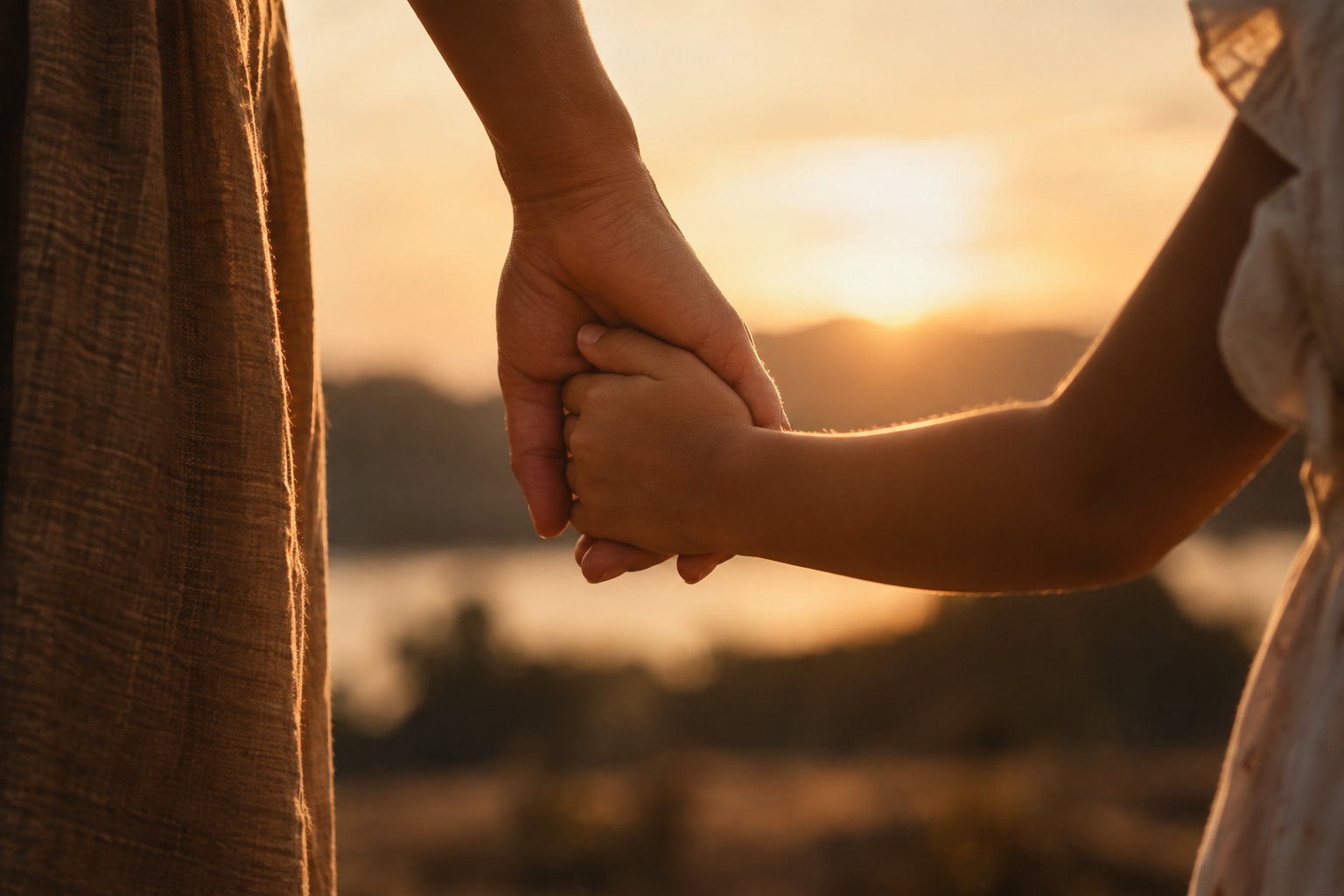 An adult hand gently holding a child's hand at sunset over the hills