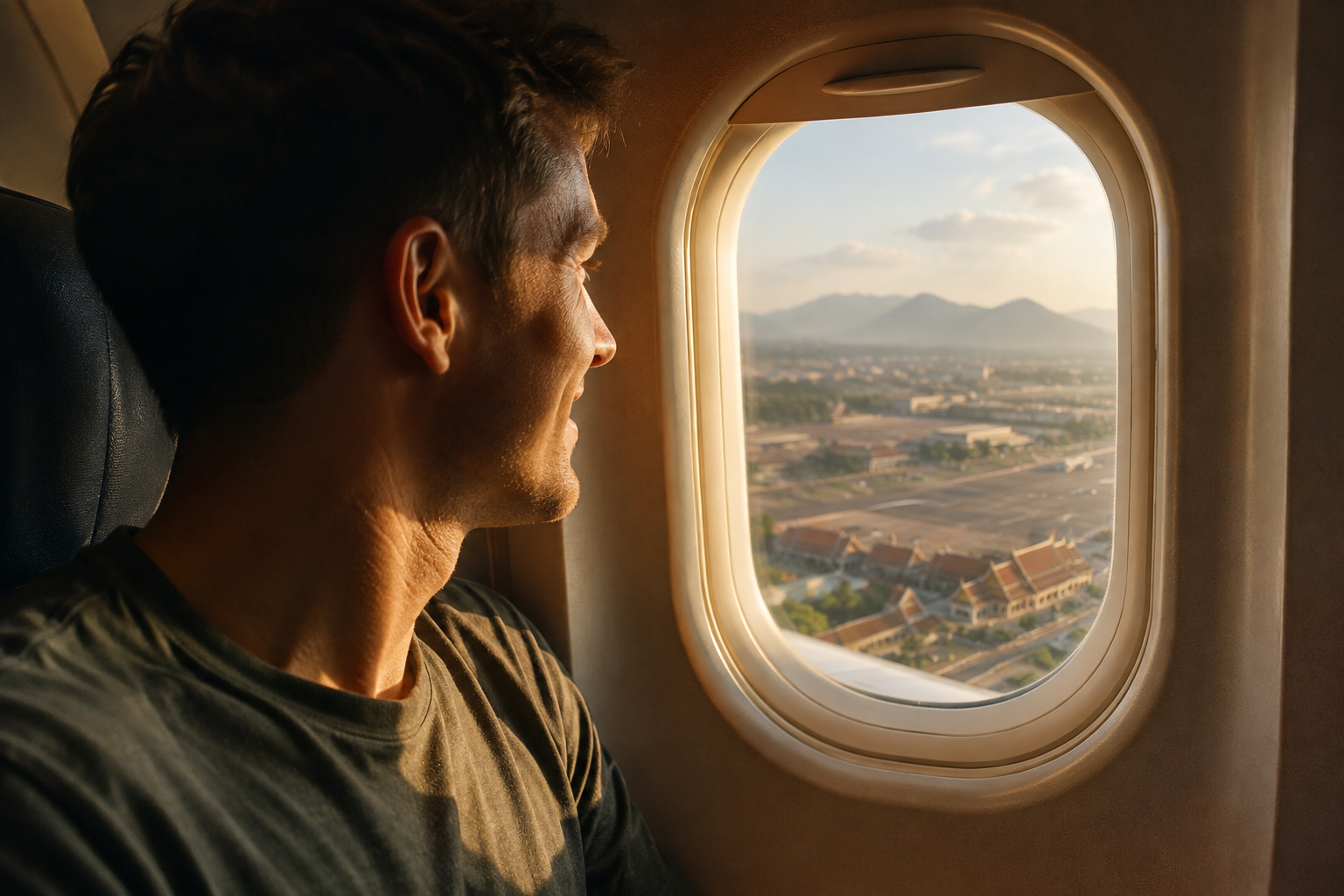 A man gazing out an airplane window toward mountains and a sunlit city below