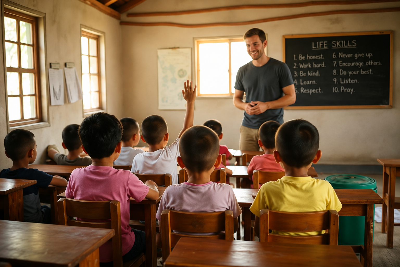 Children sitting at wooden desks in a bright classroom with a teacher and a life skills chalkboard