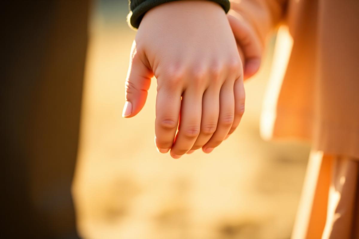 An adult hand holding a child's hand in warm light