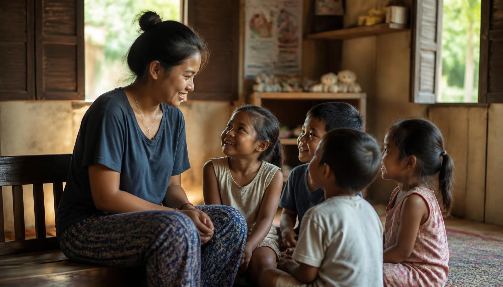A caregiver sitting with young children in a simple Southeast Asian orphanage