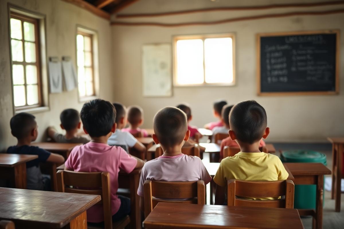 Children at desks in a small classroom, seen from behind