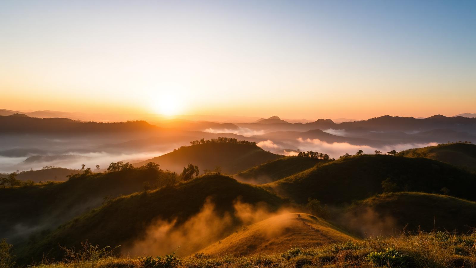 Sunrise over misty hills near the Thai and Myanmar border